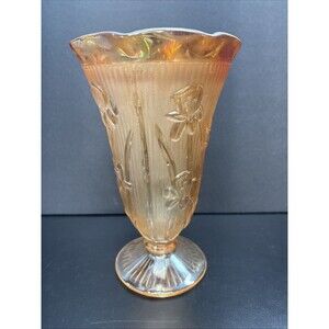 Jeannette Glass Iris And Herringbone Marigold Vase Ruffled 9" Footed Iridescent